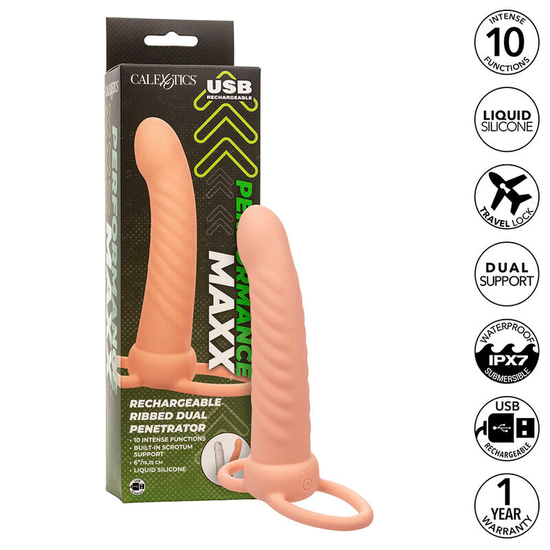 CalExotics Maxx Ribbed Dual Penetrator — Anillo con sonda vibradora estriada