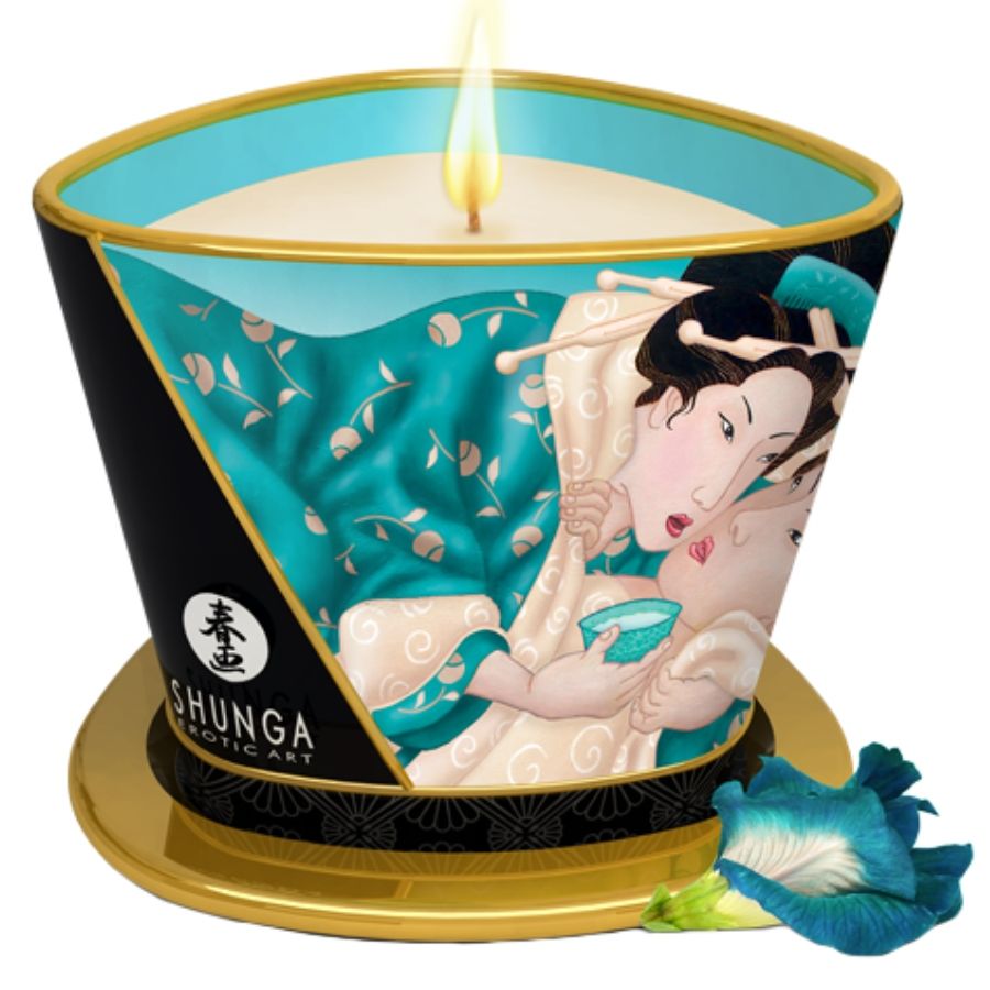 Shunga Caress by Candlelight, vela de masaje de soja grande, aroma flores de la isla: foto del producto