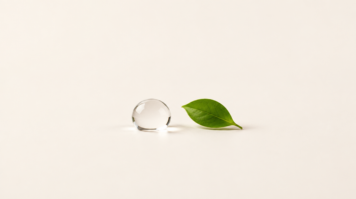 Gota de agua y hoja verde sobre superficie crema