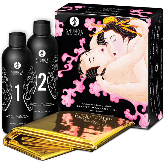 Shunga — Gel de masaje cuerpo a cuerpo con sábana, fresas y cava