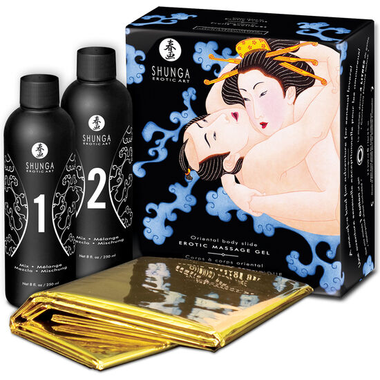 Shunga — Gel de masaje cuerpo a cuerpo con sábana, frutas exóticas