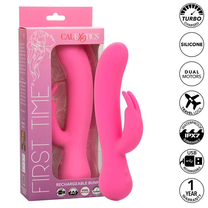 CalExotics First Time — Vibrador rabbit recargable de doble estimulación (Rosa)