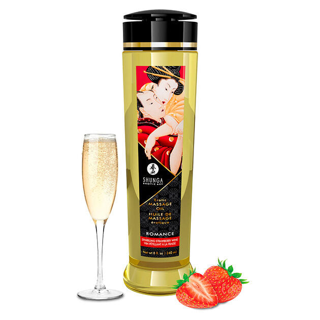 Shunga Romance — Aceite de masaje erótico con aroma de fresas con cava, 240 ml